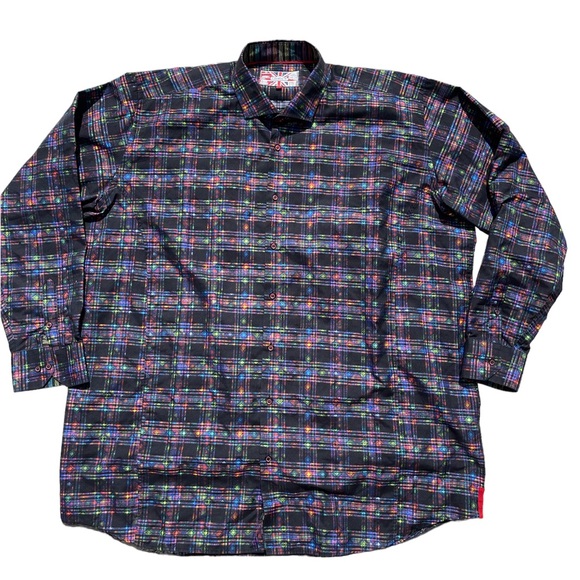 7 Downie St Button Up Shirt Mens 3X Abstract Multicolor Plaid Neon - Picture 2 of 8